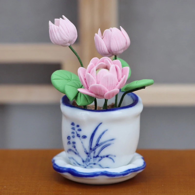 1:12 Mini Ceramic Pot Pink Lotus DIY Handmade Dollhouse Small Potted Plant Small Flowerpot Dollhouse Miniatures Scene Decoration