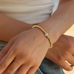 Badu New White Cubic Zirconia Ball Bracelet for Women Stackable 14K Gold Plated Beaded Bracelet Fashion Party Jewelry Gifts