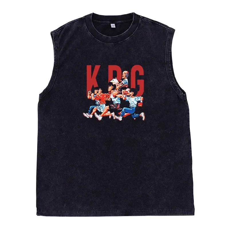 Bandai Anime Hajime No Ippo camisetas sin mangas Retro Vintage lavado espíritu de lucha chaleco ropa de calle Harajuku Manga camisetas 100_ algodón