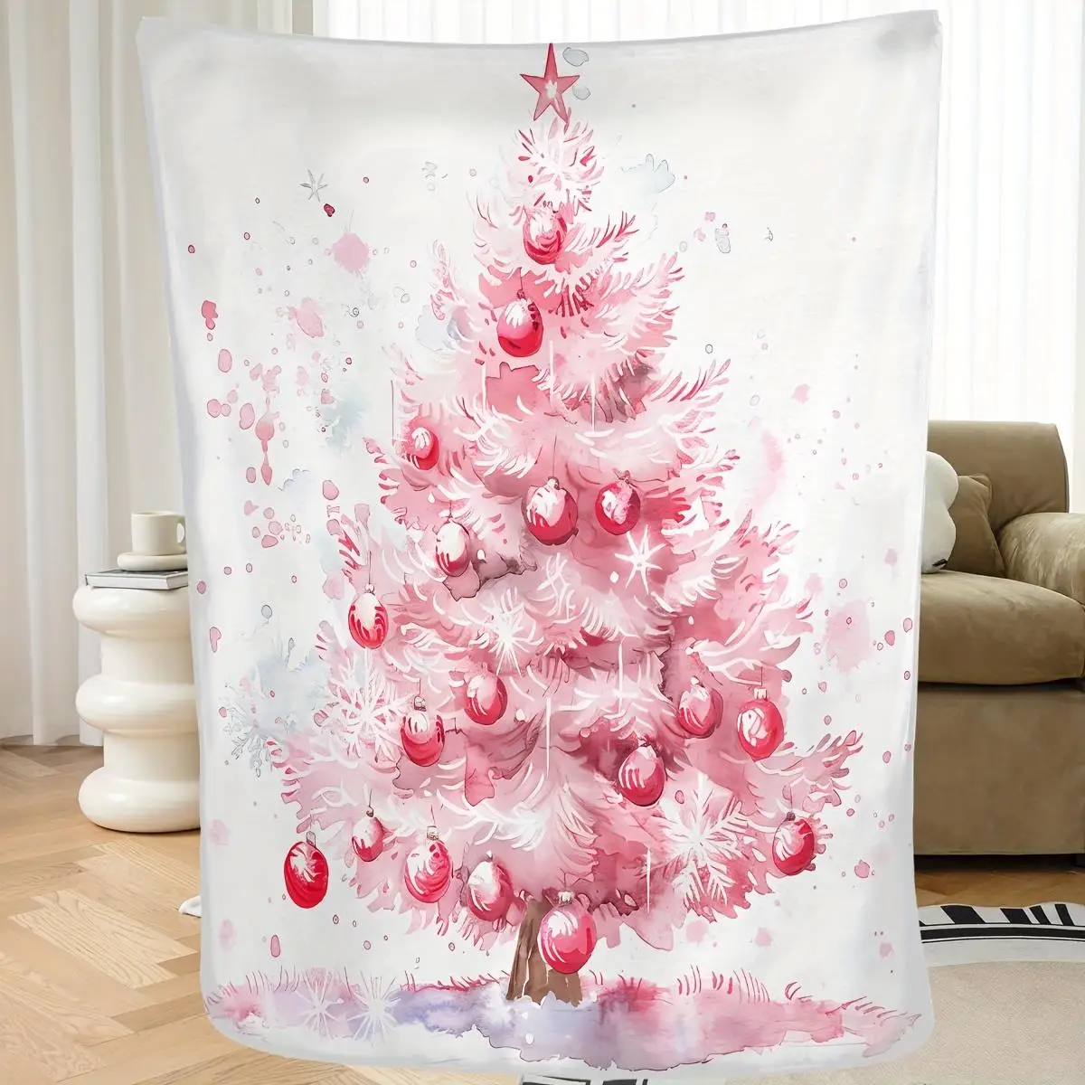 

1 шт. розовое и золотое одеяло с рисунком рождественской елки, полиэфирная ткань, можно стирать в машине, подходит для декора спальни и гостиной.