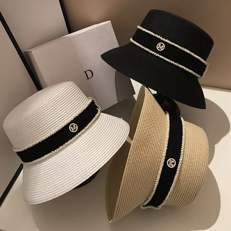 New Summer Straw Sun Hats for Women Ladies Fashion Flat Brim Ribbon Beach Hat Travel Cap Chapeau Femme Bucket Hat