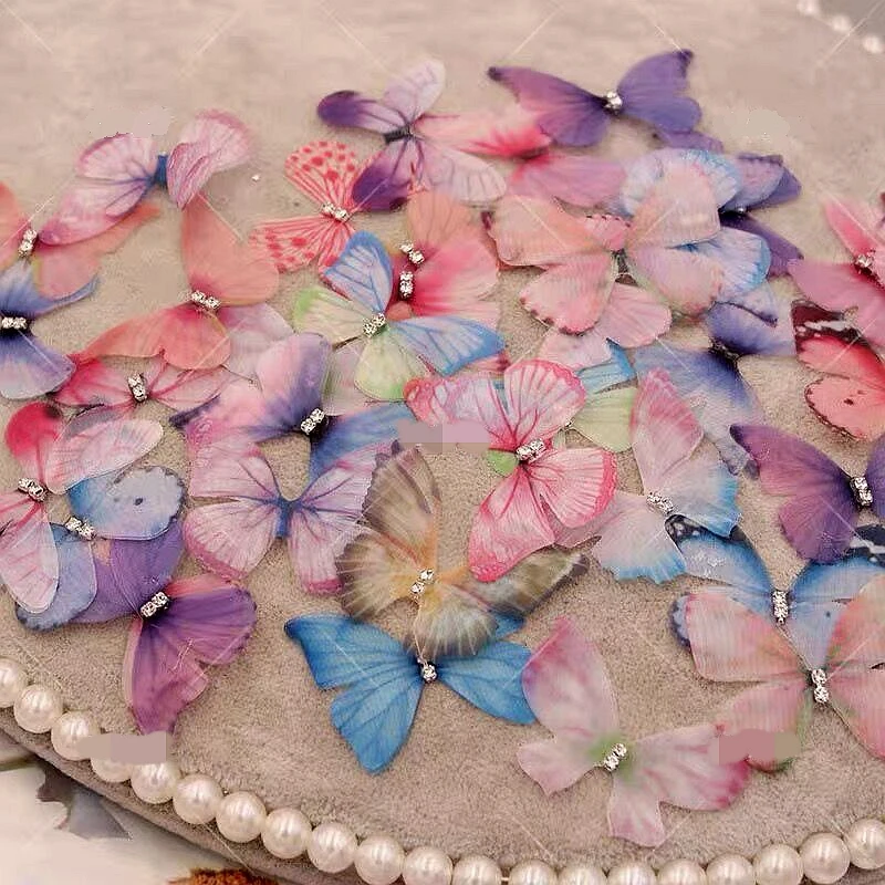 100Pcs Handmade Double Layer Butterfly Rhinestone Appliques For DIY Headwear Hairpin Crafts Decor Wedding Gifts Accessories