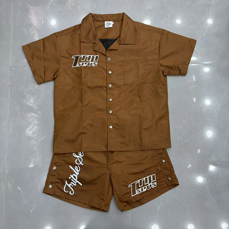 

26ss TRIPLE SEVENS T-Shirt Shirt American Streetwear High Street Summer Letter Embroidery Print Men Women Shirt Shorts Set