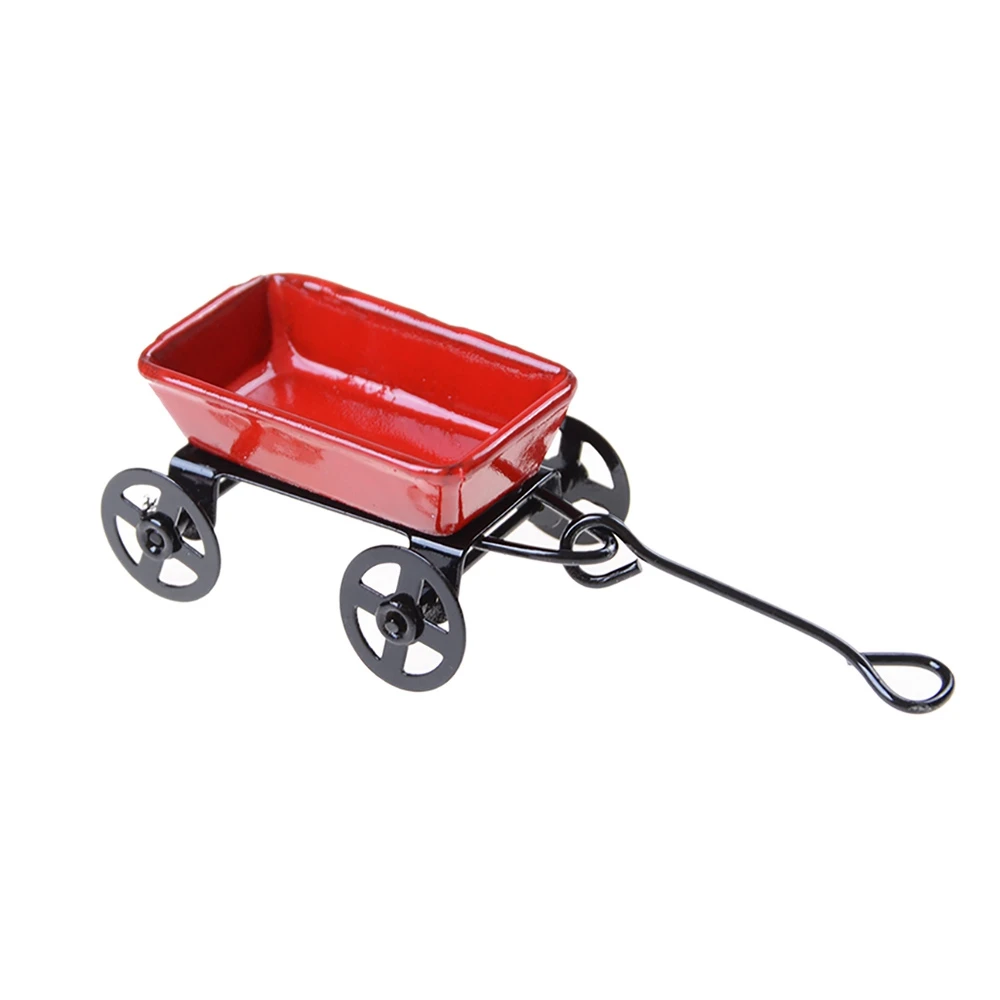 1:12 Mini Cute Miniature Metal Red Small Pulling Cart Garden Miniature Furniture Accessories