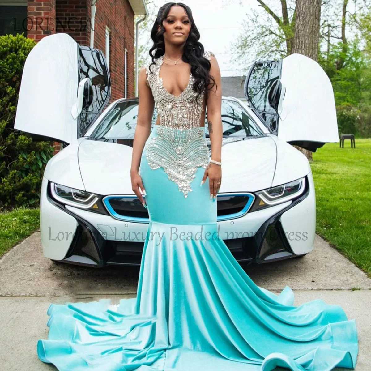 

Exquisite Sparkly Prom Dresses For Black Girls Sleeveless Crystal Mermaid Evening Party Gowns Satin Beads vestidos de gala