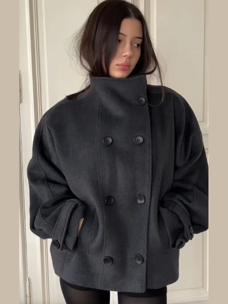 2026 Modischer Grauer Kunstwollmantel für Damen, Minimalistischer Stehkragen, Doppelreihige Lose Jacke, Frühling/Herbst, Einfarbige Damen-Oberbekleidung, Neu – Detail 10