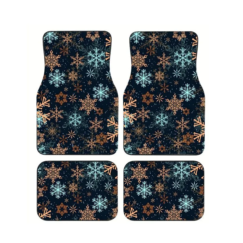 

4pcs Boho Teal Snowflake Printed Car Floor Mats Universal Anti-slip Dirt-proof Foot Carpets For Interior Accessories Decor