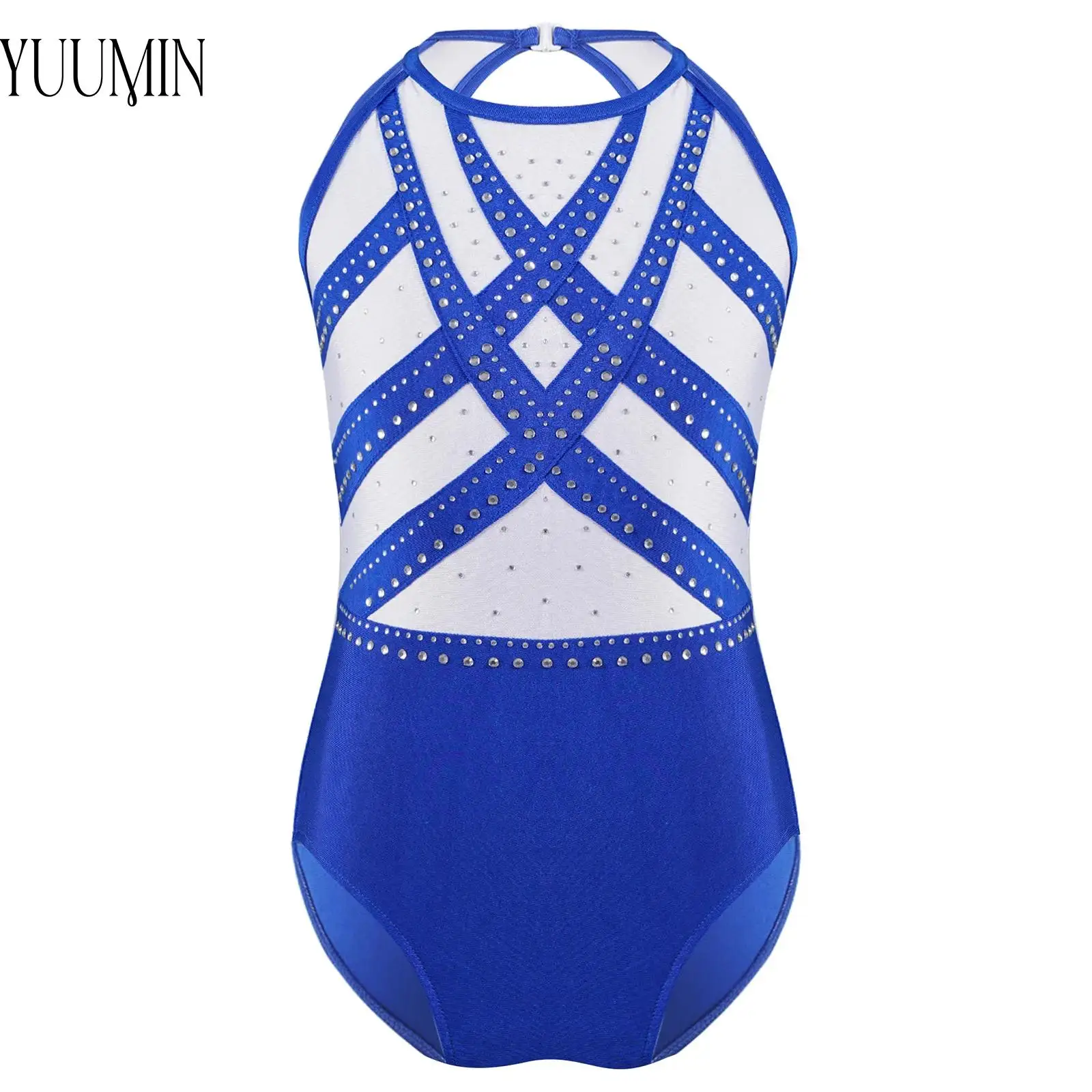 Girls Sparkly Crystals Ballet Dance Gymnastics Leotard Sleeveless Backless Color Block Bodysuit for Figure Skating Competition