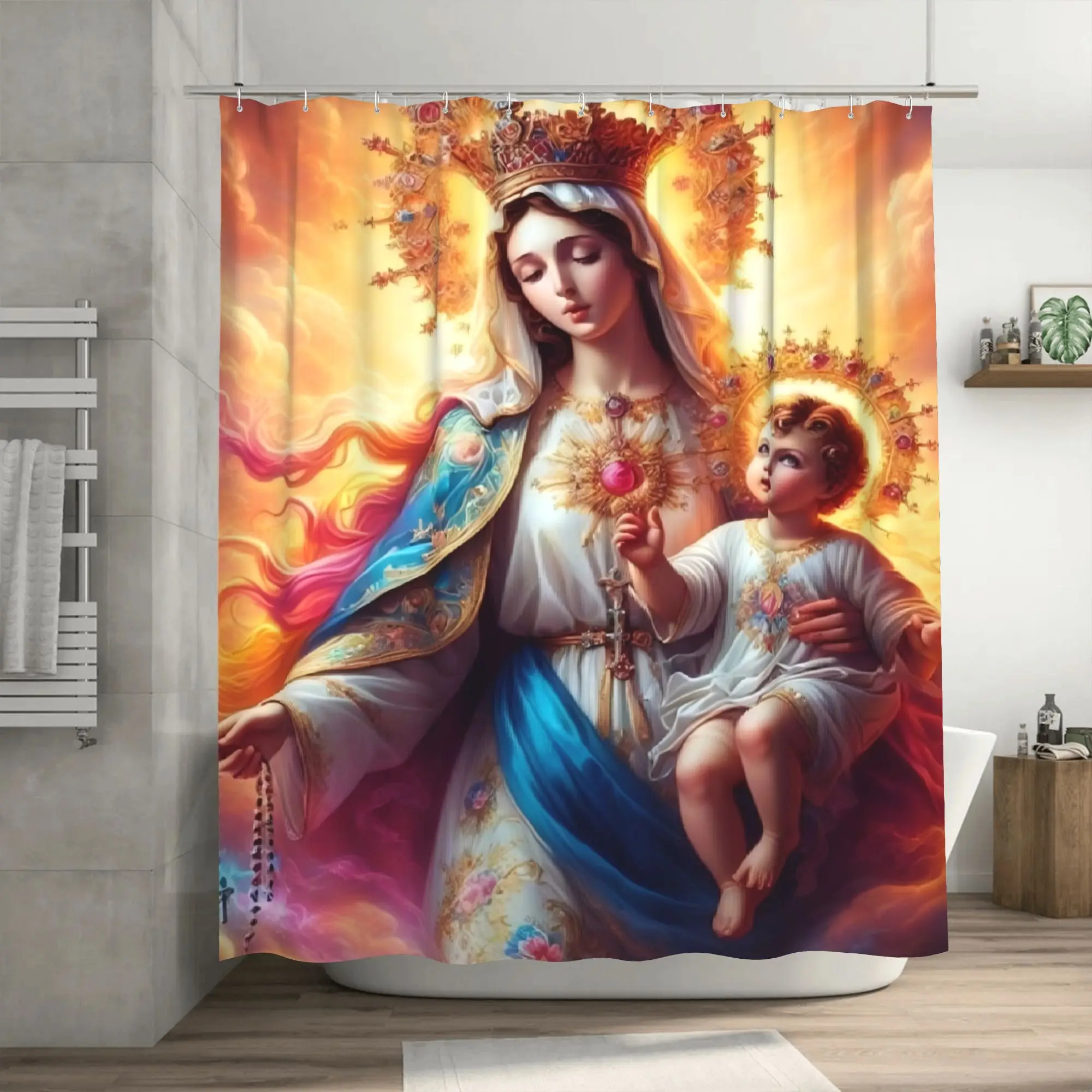 

Занавеска для душа с религиозной тематикой, элегантный полиэстер, прочная ткань, современный декор для ванной комнаты, эффектный оранжевый и синий дизайн