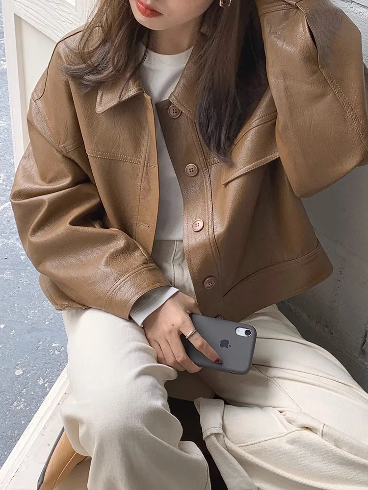 Women\'s Vintage Leather Short Coat Women\'s Spring Autumn New Motorcycle Coat Single Breasted Style Long Sleeve PU Jacket Top