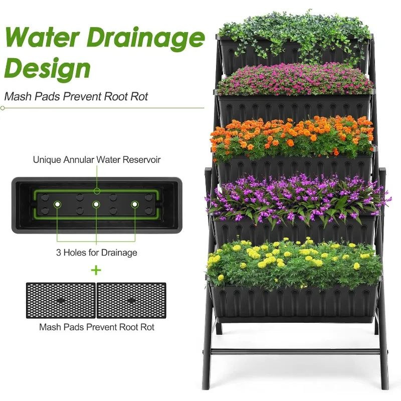 Suyncll Vertical Raised Garden Bed Planter Box,5 Tiers Vertical Garden Planter with Drainage System&4 Hooks