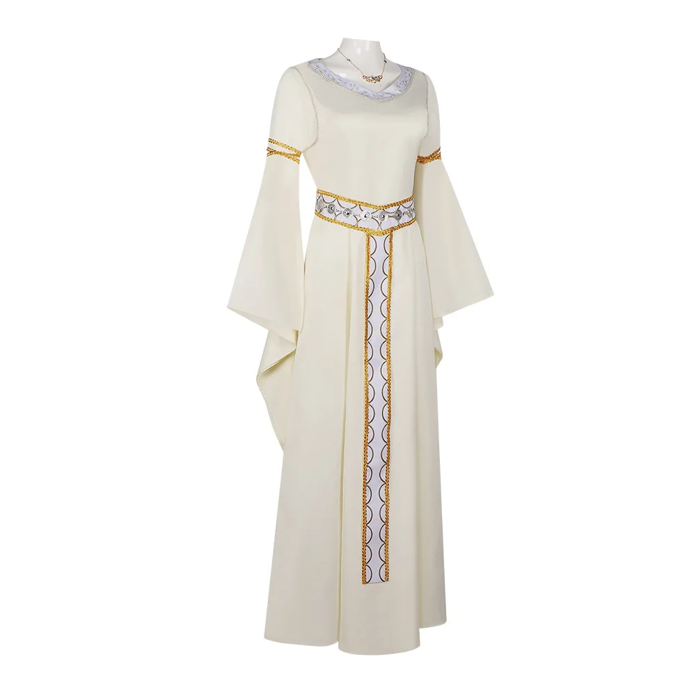 فستان نسائي من فيلم Eowyn التنكري للهالوين من الصوف الأبيض مع ملحقات للحفلات الكرنفالية أو ملابس المسرح