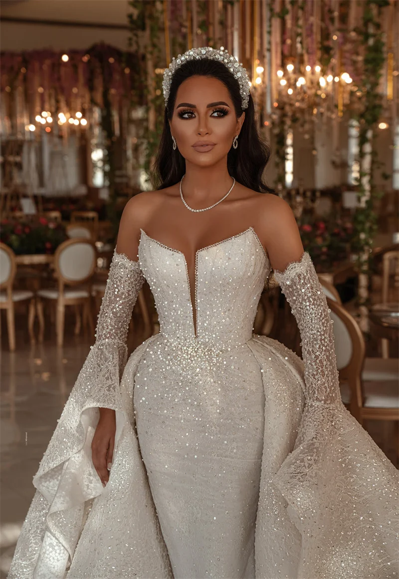 Pearls Wedding Dresses With Detachable Train Lace Appliques Bridal Gowns Custom Made Sequins Off Shoulder Vestido de novia