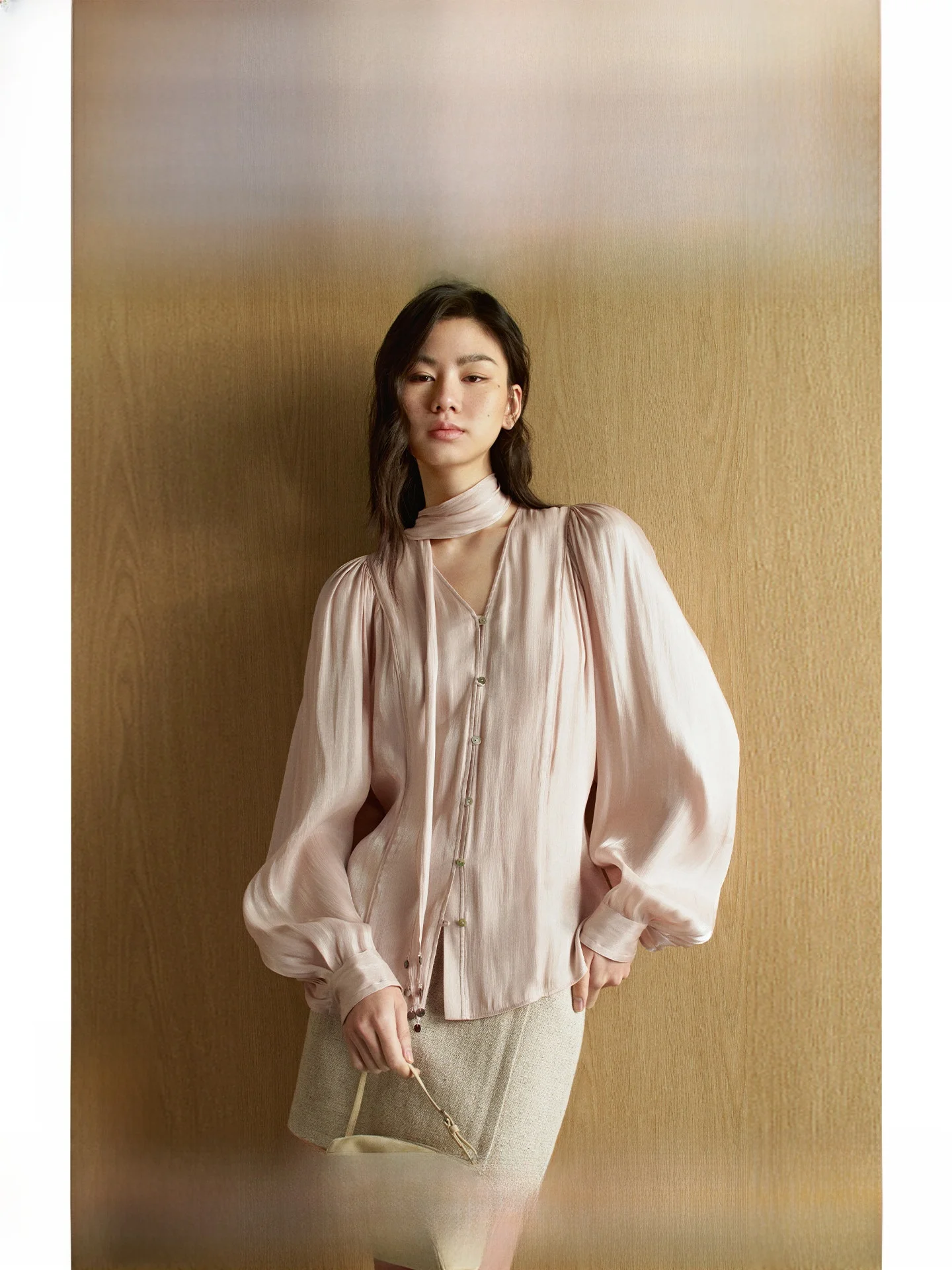 

Pink V-neck Waist-cinched Shirt by ZHIZHI Spring 2026 Romantic Style Loose Fit Lantern Sleeve Polyester Fiber Long Sleeve