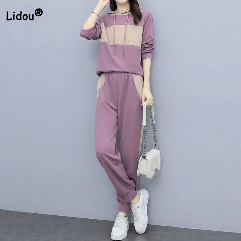 

Casual Sporty Women's Spliced Hooded Tops Spring Autumn Fashion Commute Two Piece Sets High Waist Wide Leg Pants Female Clothing