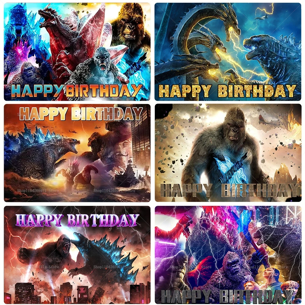 Monster Godzilla King Kong Happy Birthday Hintergrundbanner Riesiges Tierkampf-Thema Kinderparty-Deko Fotohintergrund Zubehör
