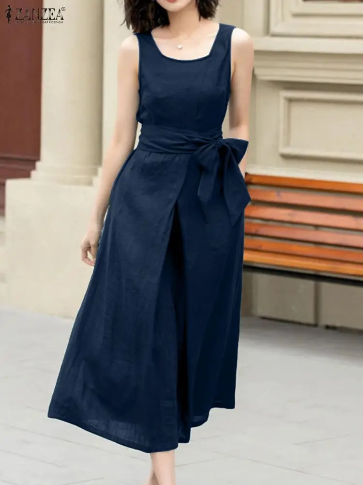 Fashion Long Shirt Dress ZANZEA Women Sleeveless Maxi Sundress Square Collar Solid Belted Pleated Party Elegant Vestido Oversize