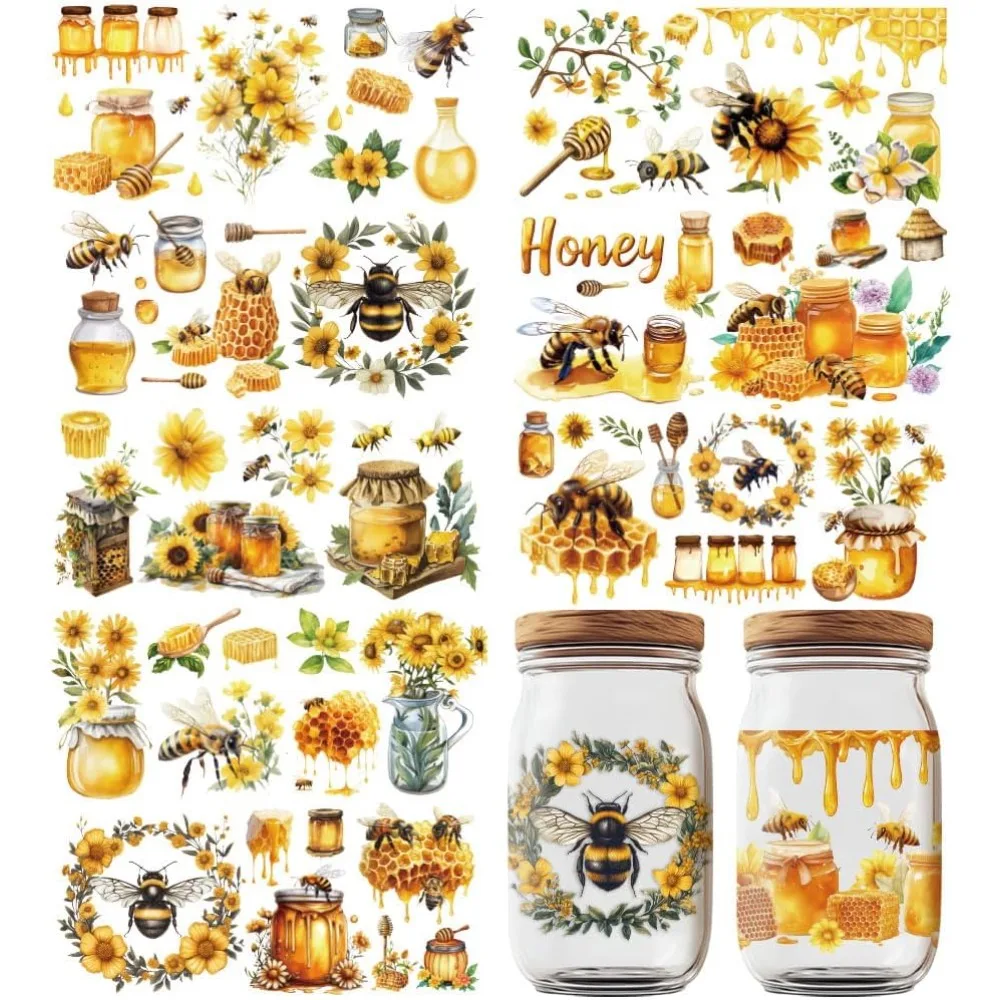 10 Blatt UV DTF Cup Wraps 10 Stile Sweet Honey Aufkleber Cartoon Bee Theme Rub on Decals Wasserdichte Transferaufkleber für Glas