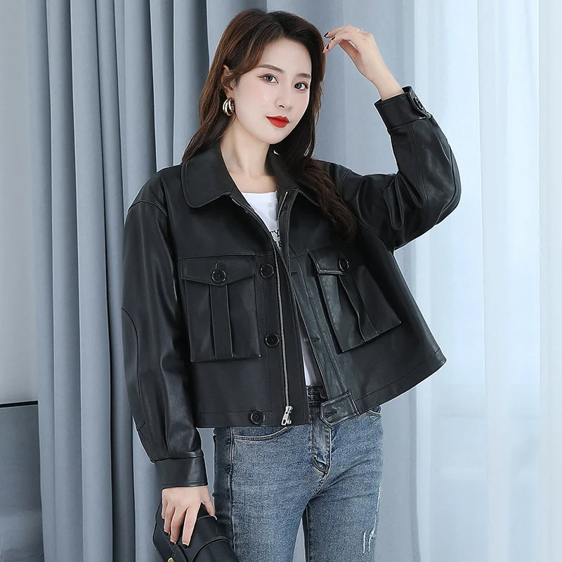 2023  Designer Women Short Genuine Leather Biker Jackets Office Lady Single Breasted Loose Outerwear Elegant Black Sheepskin Coa