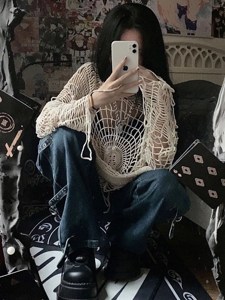 

Deeptown Goth Grunge Y2k Crochet Tops Women Streetwear Knit Spider Web Hooded Mesh Pullover High Street Hollow Clothes Sweaters