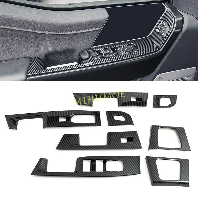 8Pcs Car Door Window Lift Switch Panel Cover Trim Stickers For Ford F150 F-150 2021-2024 Carbon Fiber Interior Accessories