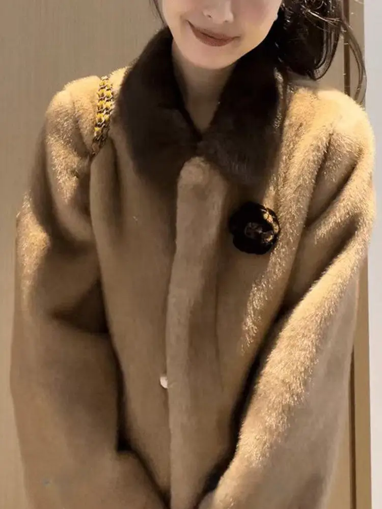 

Faionable 3D Flower Color Blo Collar ort Lamb Fur Jaet Women's Winter Warm Top Briti Sle Commute Straight Tube Coat