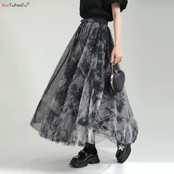 Beauty Maxi Tulle Skirt Women Long Summer Pleated TUTU Skirt Two Layers Chinese Ink Painting Ball Gown 2023 Falda Mujer