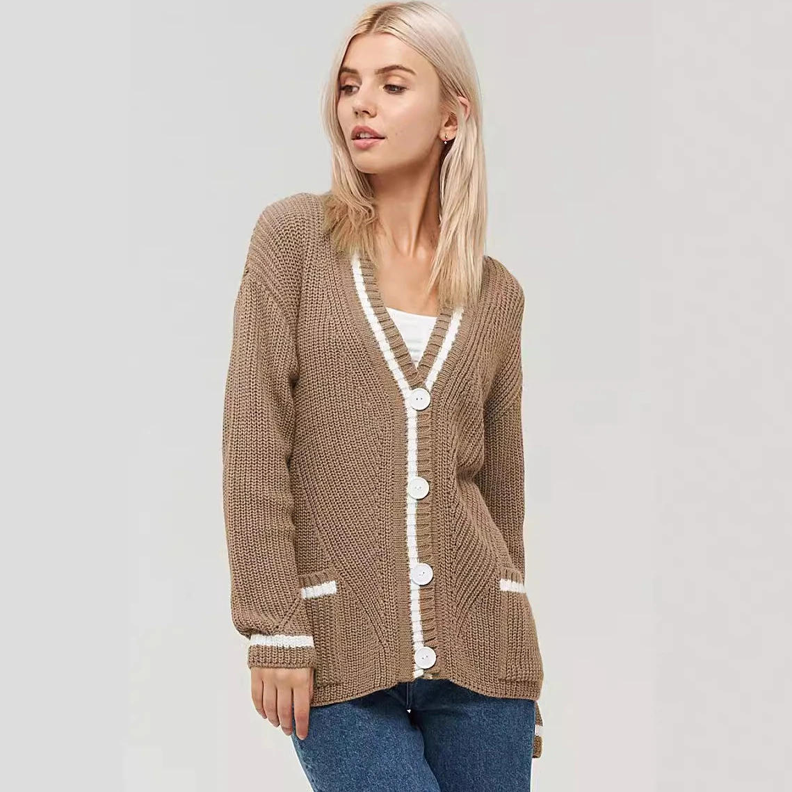 Damski kardigan dziergany sweter jesień zima uniwersalny dekolt w serek kieszeń dopasowanie kolorów dziergane swetry z długim rękawem kurtka damska