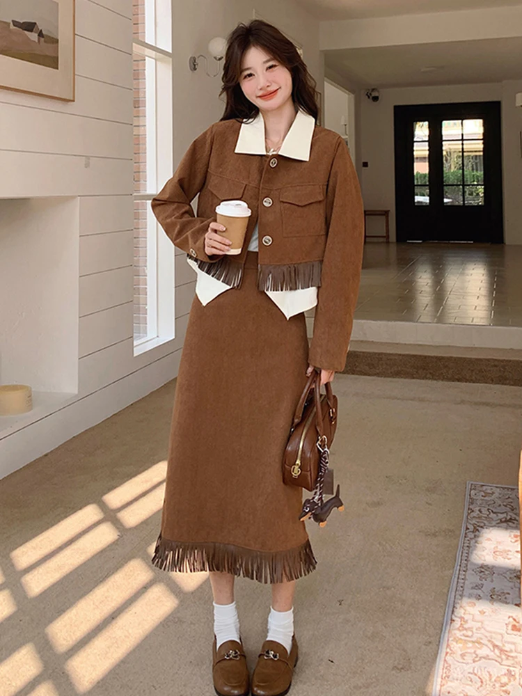 

Женская одежда в стиле ретро, повседневная кисточка, комплект из 2 предметов, свободное пальто из 2 предметов, куртка, верхняя одежда и прямая юбка, модный осенний комплект