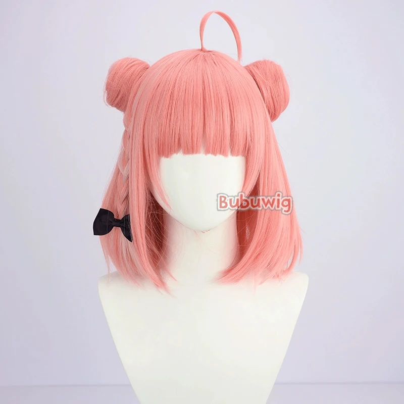 Bubuwig Synthetic Hair Sasaki Saku Cosplay Wigs With Buns Virtual YouTuber Sasaki Saku 35cm Short Pink Cos Wig Heat Resistant