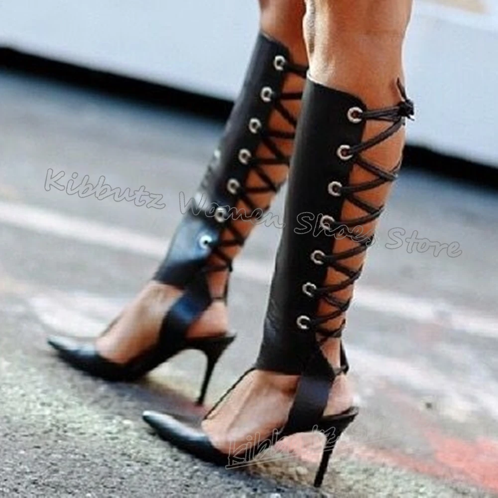 

Римские сандалии до колена, кожаные однотонные туфли на тонком высоком каблуке с острым носком, модная роскошная элегантная удобная пикантная женская обувь, новинка