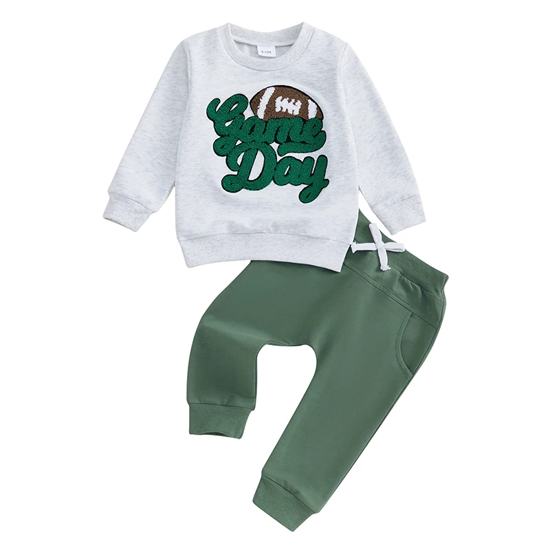 

Toddler Boy Fall Outfits Long Sleeve Crew Neck Football Letter Embroidery Sweatshirt with Solid Pants 2Pcs Set