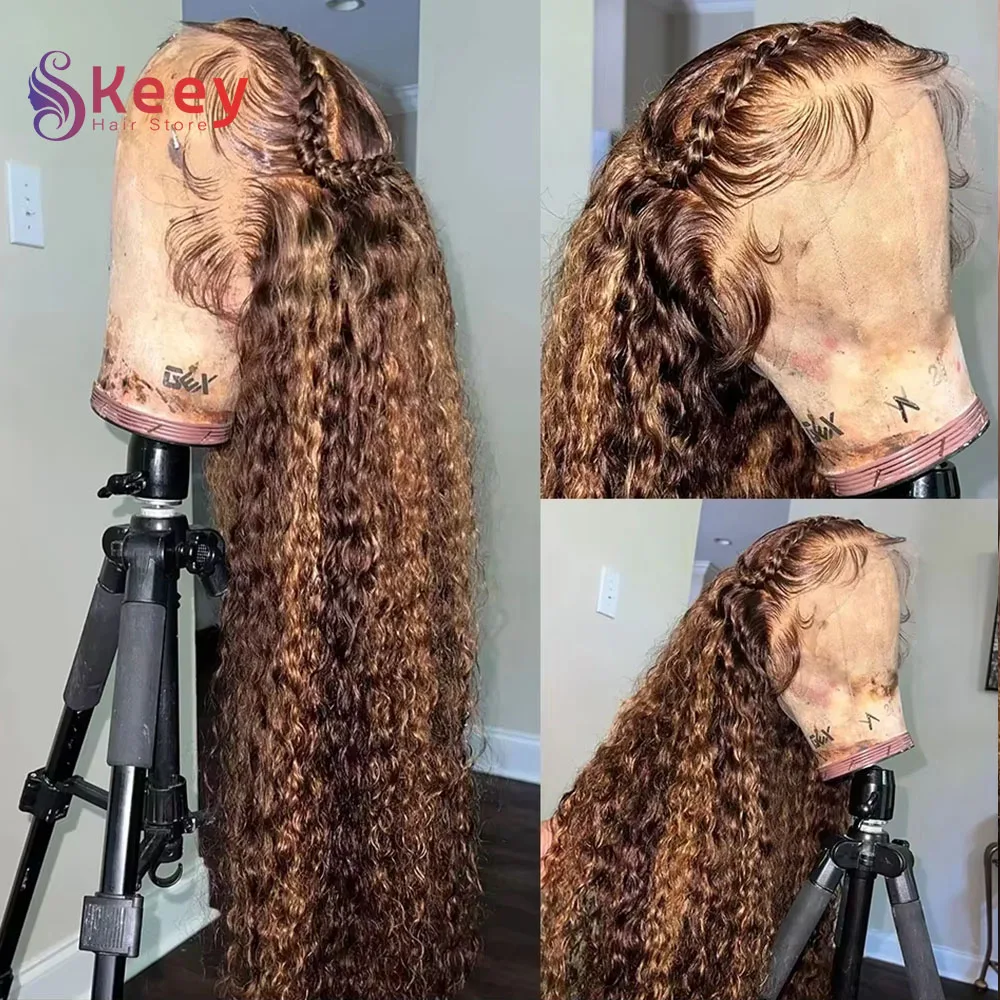 32 Inch 4/27 Highlight Curly Human Hair Wigs 13x6 HD Lace Front Human Hair Ombre Honey Brown Colored Deep Wave Lace Frontal Wigs