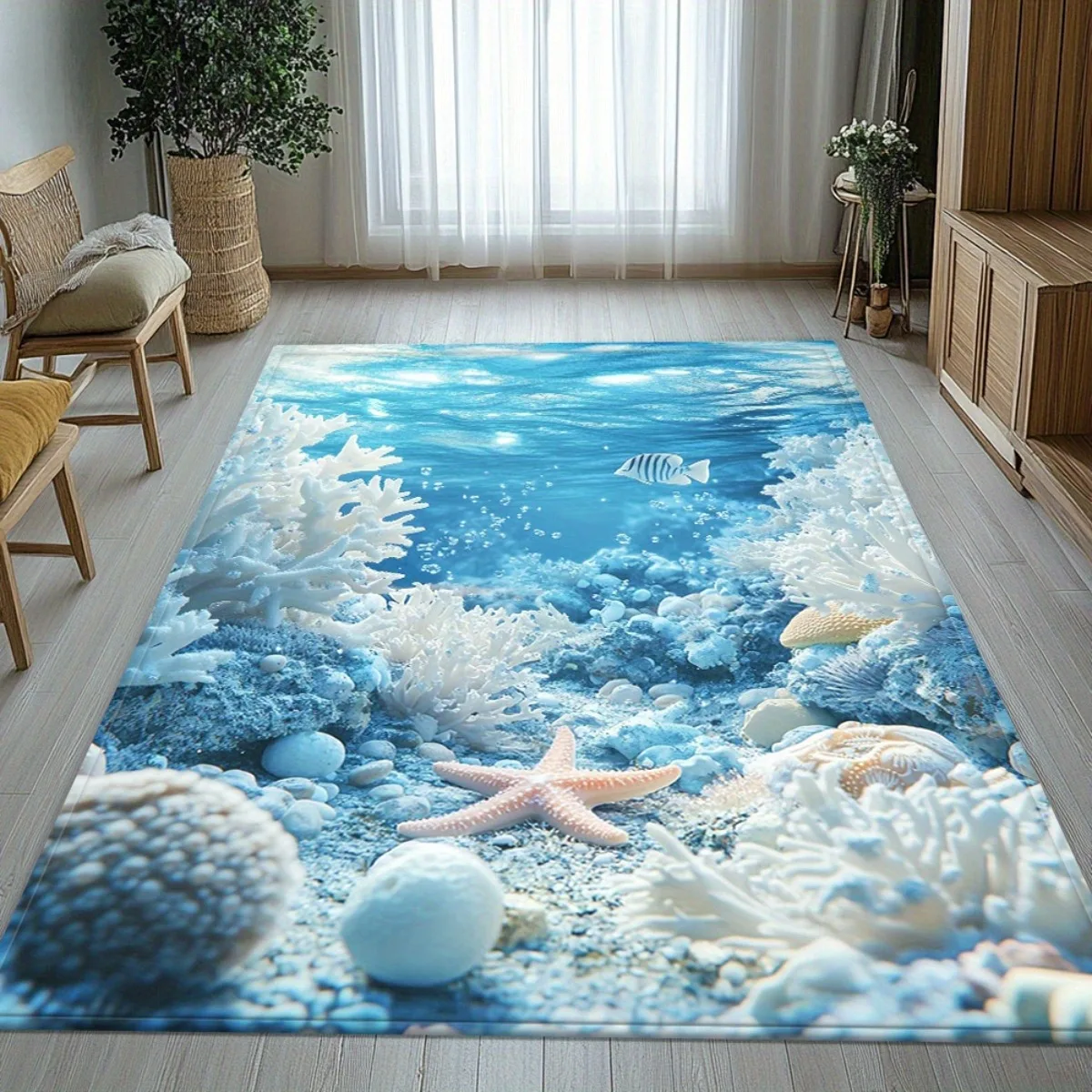 3D Underwater Coral Starfish Floor Mat Flannel Rug 3D Printed Carpet Home Decor Living Room Rug Anti slip Washable Large Rug