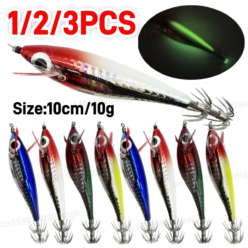 1/2/3 pçs 10cm10g isca de pesca luminosa madeira camarão isca artificial lula gancho polvo choco iscas duras para pesca marítima