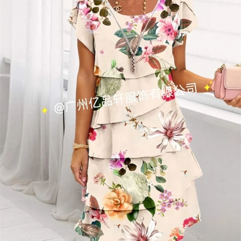 2025 primavera chique floral impressão chiffon vestido mulher elegante tripulação pescoço em camadas vestido plissado verão manga curta a linha vestido de festa
