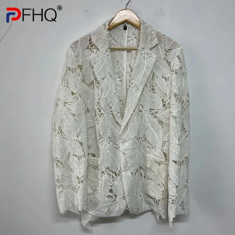 

PFHQ Men's Blazer High Quality Leaves Heavy Industry Embroidery Hollowed Out Design Male Versatile Casual Jackets Summer 21Z4420