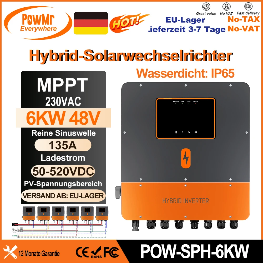 PowMr 6KW 48V Parallelmodell Hybrid-Solarwechselrichter 220Vac mit reiner Sinuswelle MPPT 135A Solarladeregler Max. PV 520V