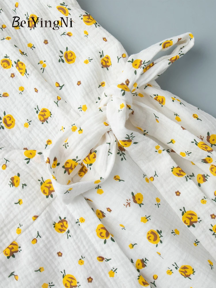 Beiyingni 2025 été femmes robe français élégant coton imprimé fleuri longues robes femme à lacets col en v vacances rose robes