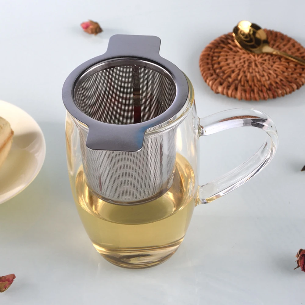 Infusor de té de malla reutilizable, malla de acero inoxidable 304 con filtro de cubierta, rejilla Binaural para fugas de té y café, 10 unidades