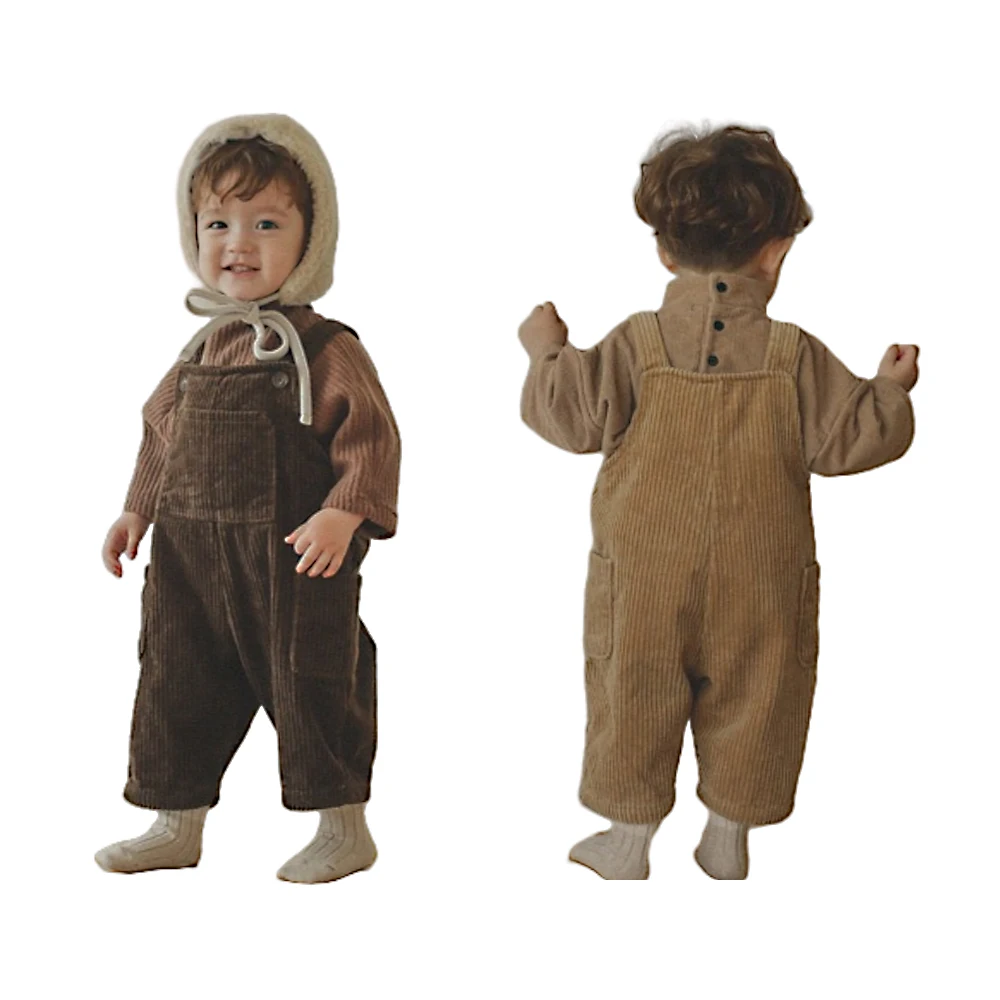 2025 New Korean Toddler Baby Boys Corduroy Overalls Casual Look Front Pocket One Piece Baby Pants Girls Trousers