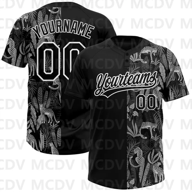 Custom Black Lakes Blue 3D Pattern Hawaii Tropical Palm Leaves Two-Button Unisex Softball Jersey image 5