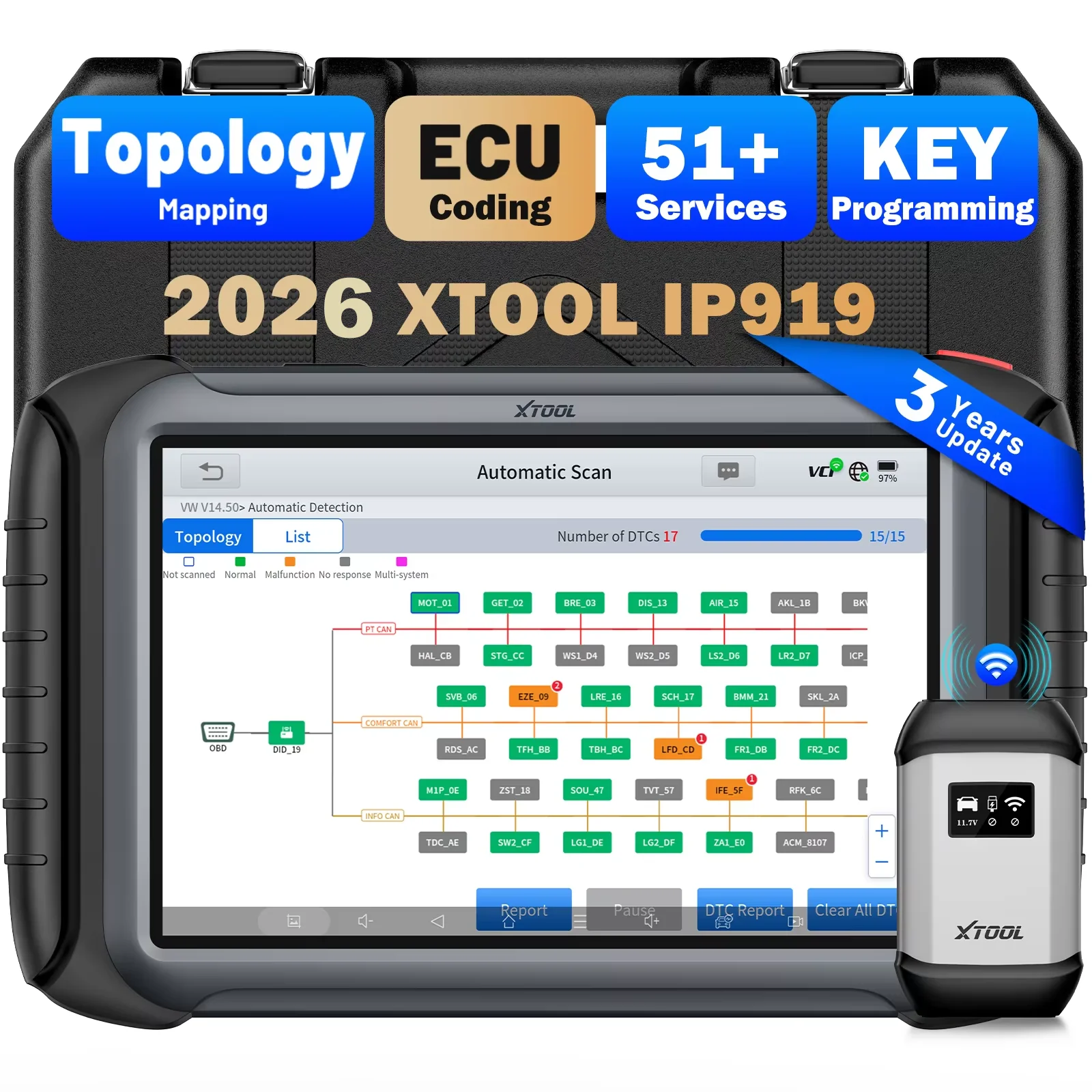 XTOOL IP919 outil de Diagnostic de voiture Bluetooth codage ECU 42 + réinitialisation programmation clé Scanner automobile carte topologique DOIP CANFD FCA