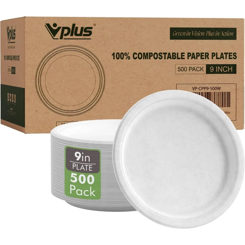 

Бумажные тарелки Vplus, 500 упаковок, 9 дюймов, 100% компостируемые, сверхпрочные одноразовые бумажные тарелки Bagasse, натуральные биоразлагаемые экологически чистые