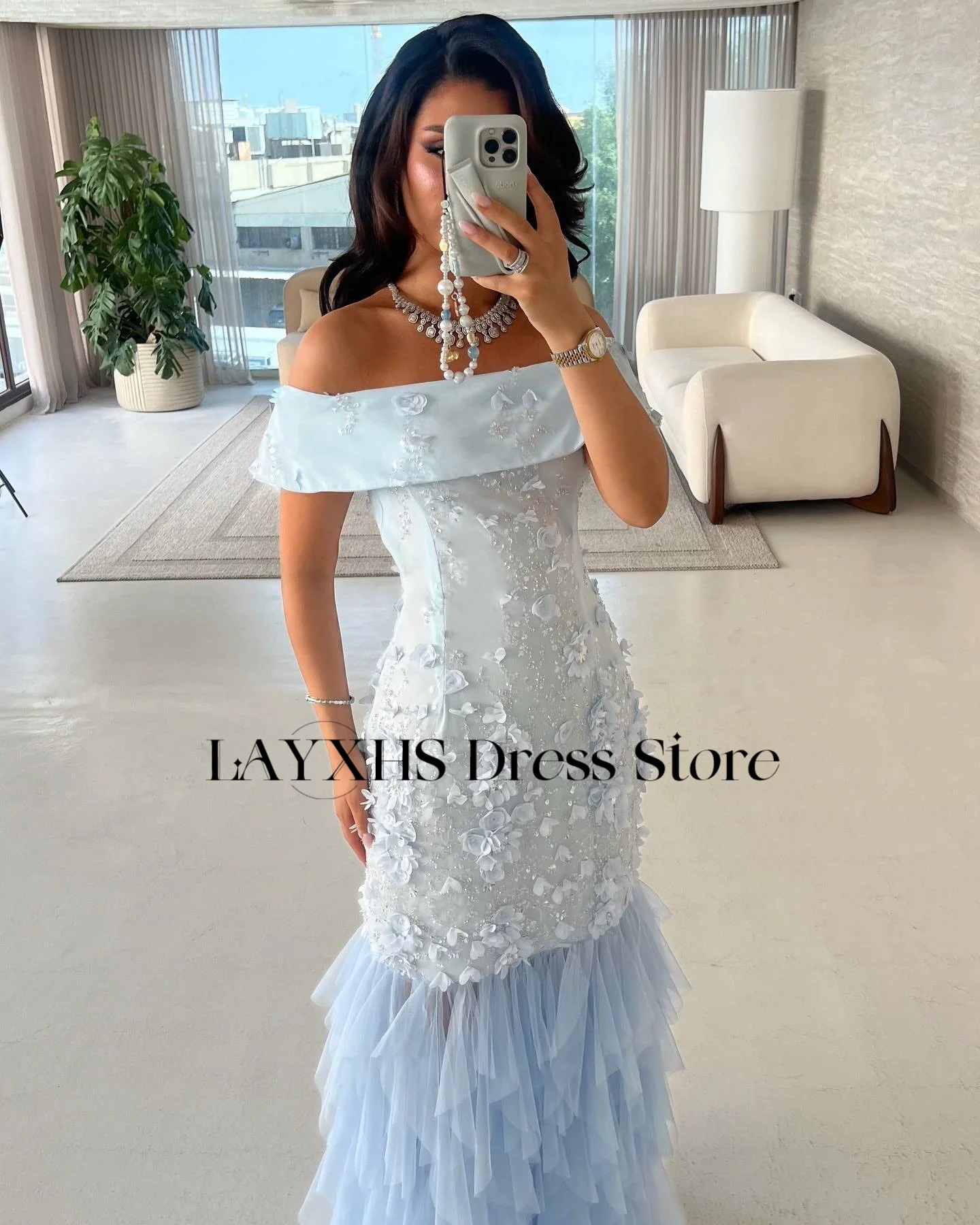 LAYXHS Wykwintne Sukienki Wieczorowe z Odkrytymi Ramionami, Syreni Krój, Kwiaty, Koraliki, Tiul, Warstwowe Falbany, Sukienki na Bal Maturalny, Szyte na Miarę