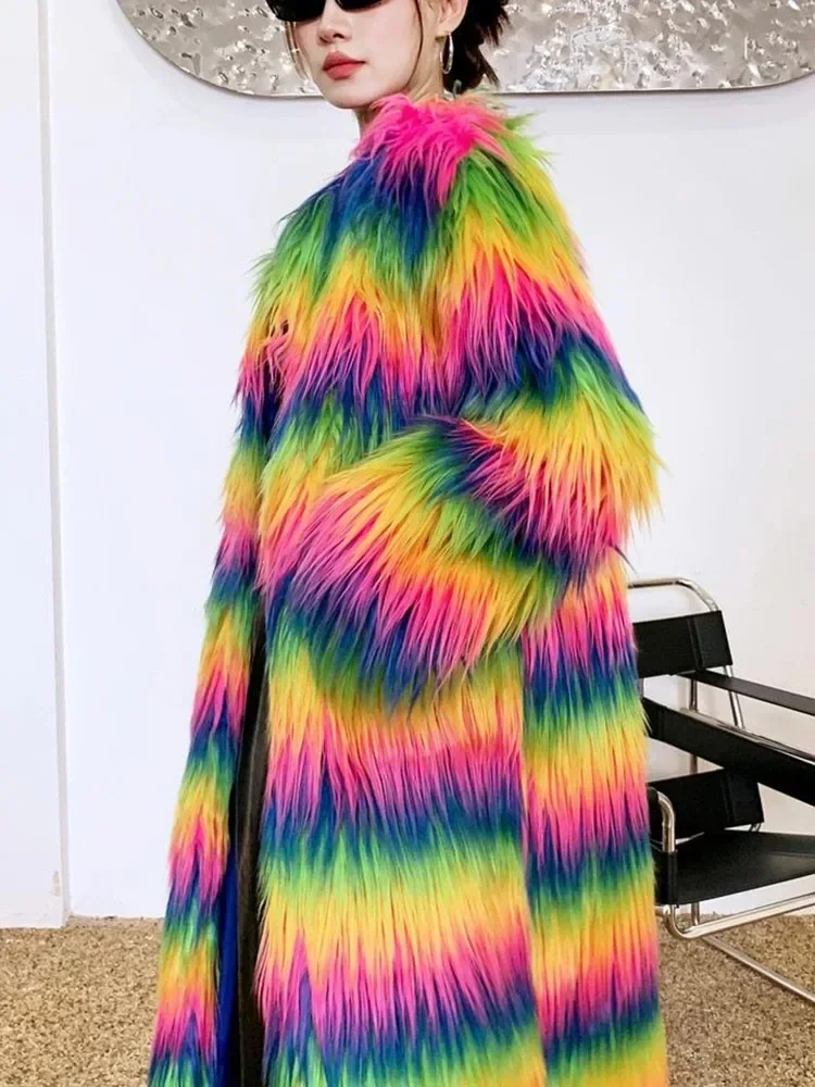 

Winter Rainbow Color Faux Fur Jacket for Women Super Long Trench Fur Coats Fashion Fluffy Faux Sheep Fur Coat Women