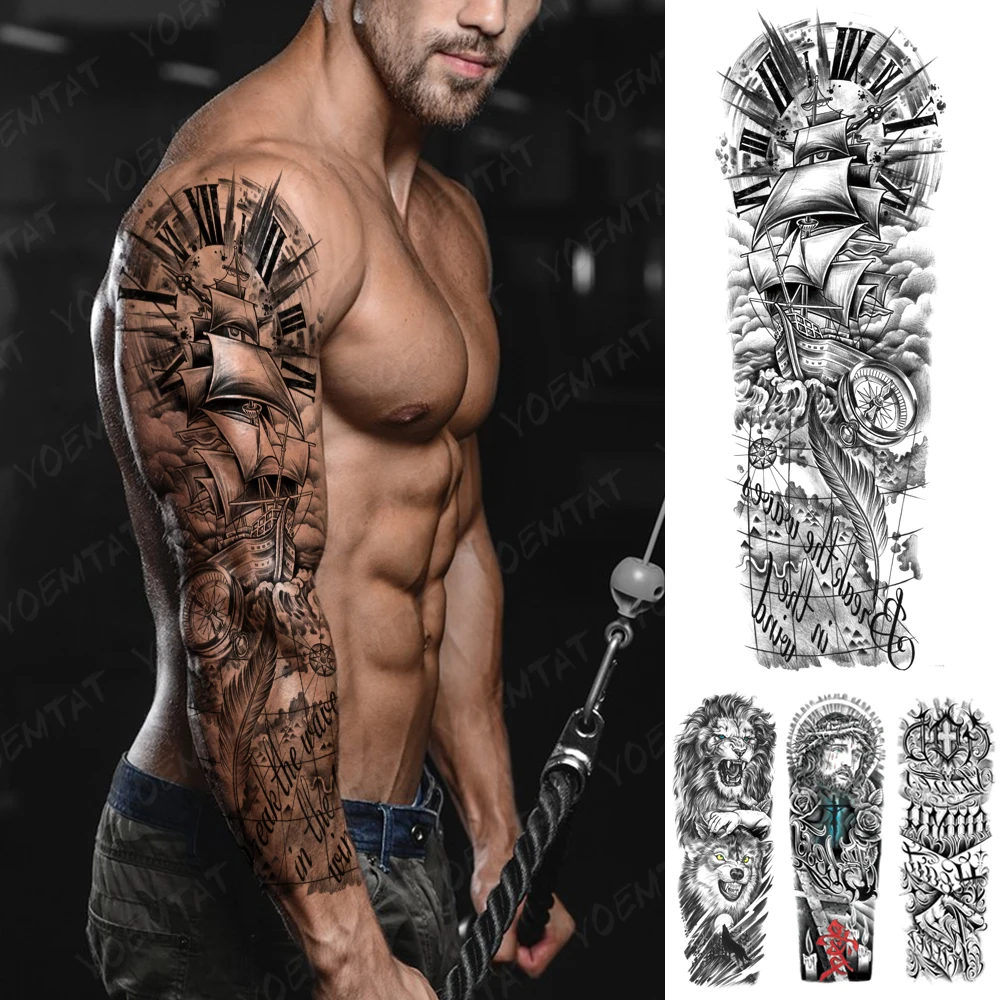 

Full Large Arm Sleeve Tattoo Viking Waterproof Temporary Tatto Sticker Ship Compass Plume Letter Body Art Men Women Fake Tatoo