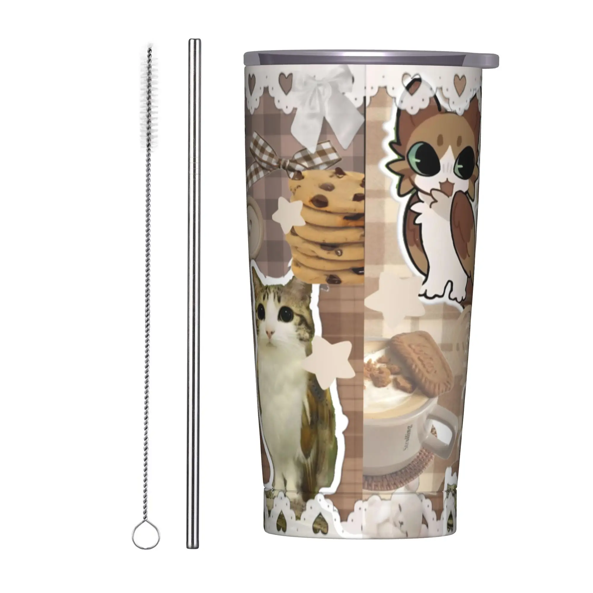 Cute Cat Owl Meowl Tumbler Vacuum Insulated  Coffee Cups Stainless Steel Smoothie Tea Mug Spill Proof, 20oz