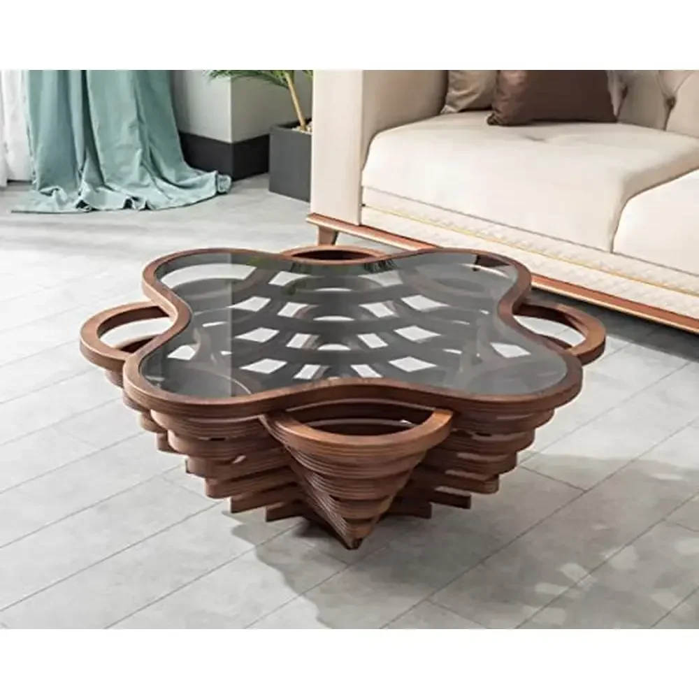 Walnut Veener Coffee Table Living Room Glass Top Elegant Design Shelf Wood Base Ovel Shape sturdy craftmanship versatile decor