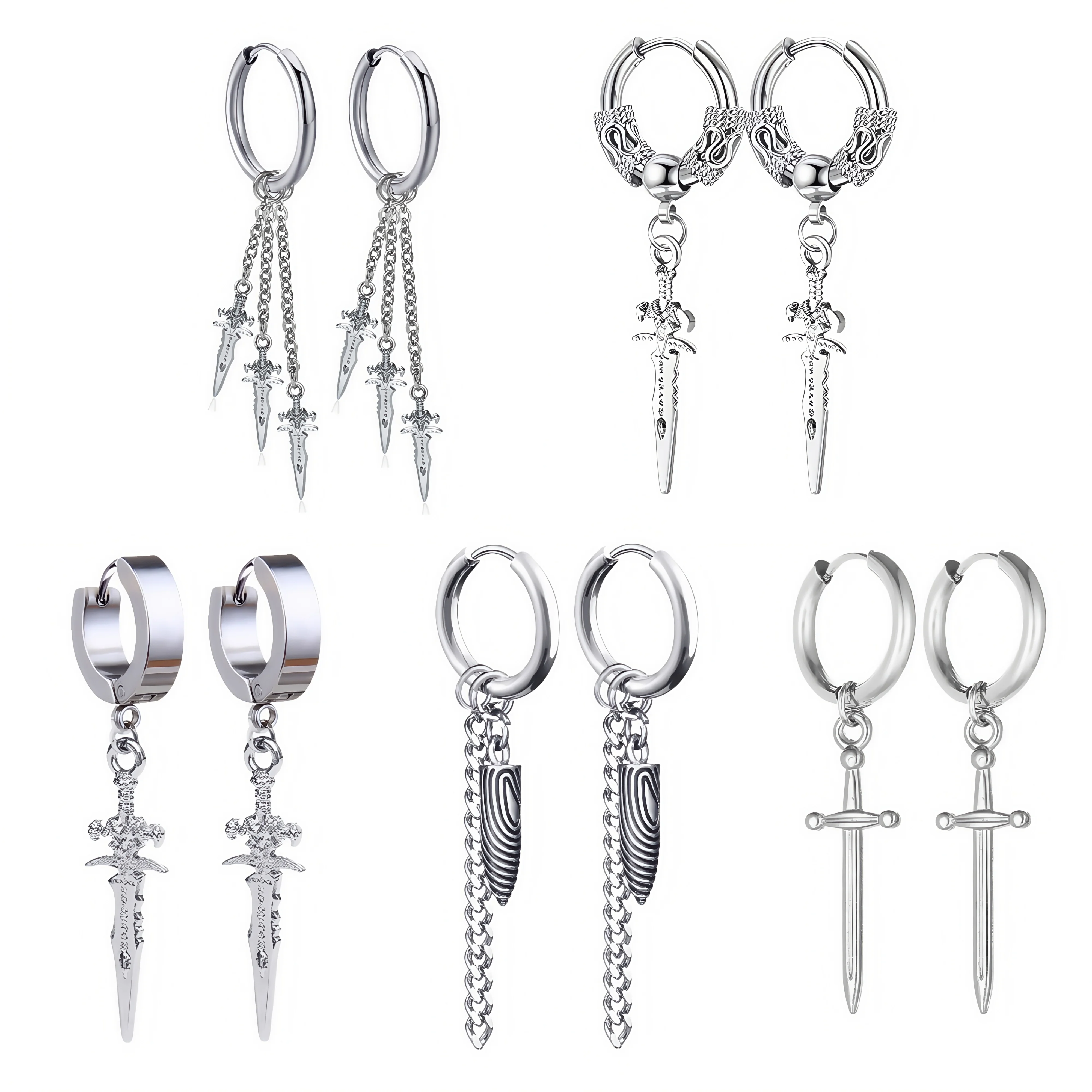 1-5 Paar Schwertkette unregelmäßige Goth Damen Edelstahl Piercing baumeln hängende Ohrringe Set für Mann Vintage Anhänger Schmuck